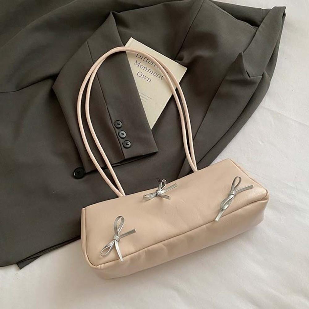 Bow Ribbon Silver PU Shoulder Bag Sweet Lady Underarm Bags Portable French Stick Handbag  Women Pink No Pendant