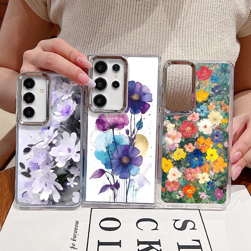 INS Watercolor Floral Case For Samsung S26 S25 Ultra S24 FE S23 Plus S22 S21 A15 A16 A17 A35 A36 A37 A54 A55 A56 A57 5G Plating Lens Soft Cover