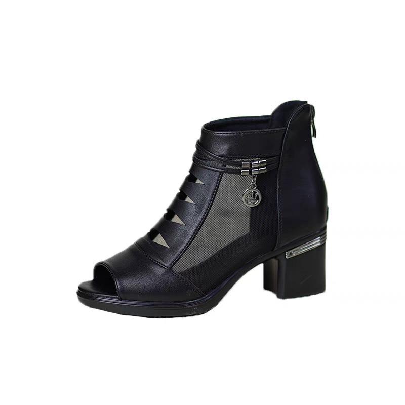 Women's Fish Mouth Sandals Summer Mesh Breathable Coarse Heel Women Short Boots Party Career Sexy High Heels Pumps Zapatos Mujer