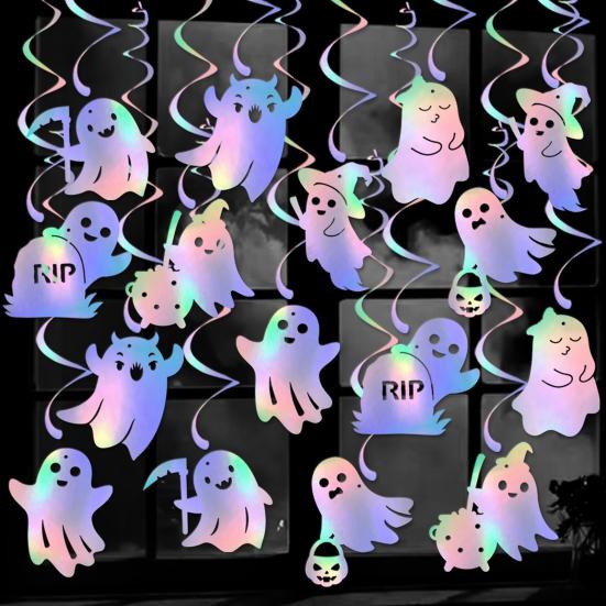 8 Pcs Iridescent Ghost Hanging Swirls Cute Shinny Foil Ghost Swirls Halloween Ceiling Streamer for Halloween Party Decoration