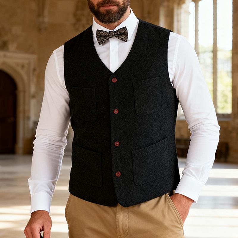 

American Men s Fashion Business Woolen Slim Retro Personalized Vest Jacket Ropa Hombre Elegante Casual S чорний