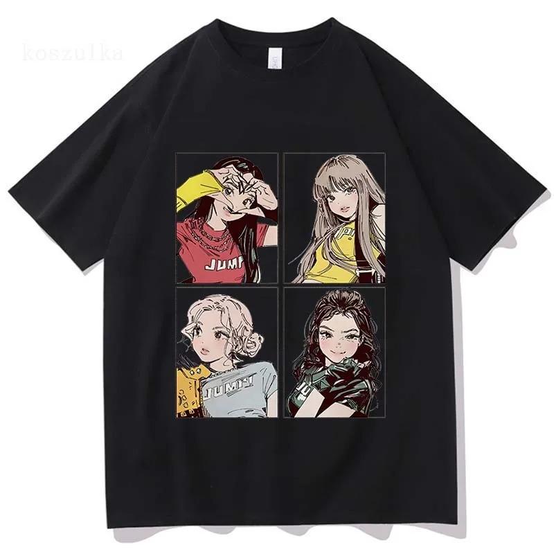 K-pop Style Anime Girl Quartet Panel T-Shirt, Unisex JUMI Graphic Streetwear Tee, 100% Cotton Casual Short Sleeve Top