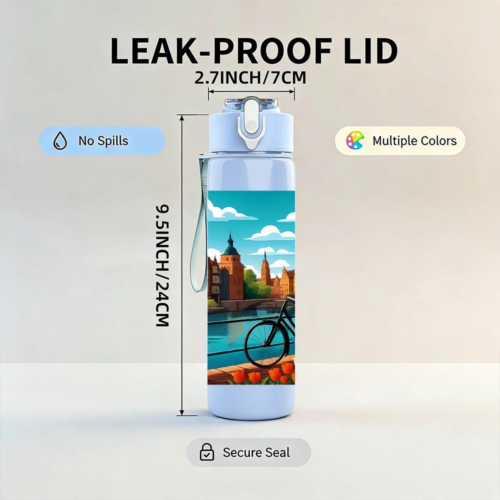 1PC City River Landscape Painting 750ml Color Plastic Sports Water Bottle Leakproof Flip Straw Lid Suitable for Sports Office Home Use