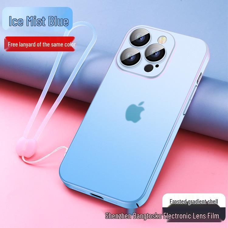 iPhone 15 Gradient Frosted Skin-Feel Full-Cover PC Hard Shell Case with Lanyard - Apple 14 Anti-Fall Protective Cover.