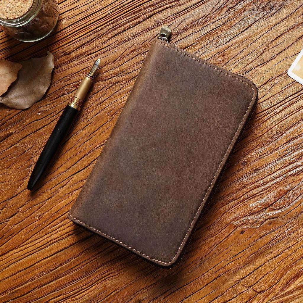 Genuine Leather Zipper Pencil Case Retro Zip Pen Pouch For School Students Supplies Gifts Cowhide Pencil Bag with Pen Slots