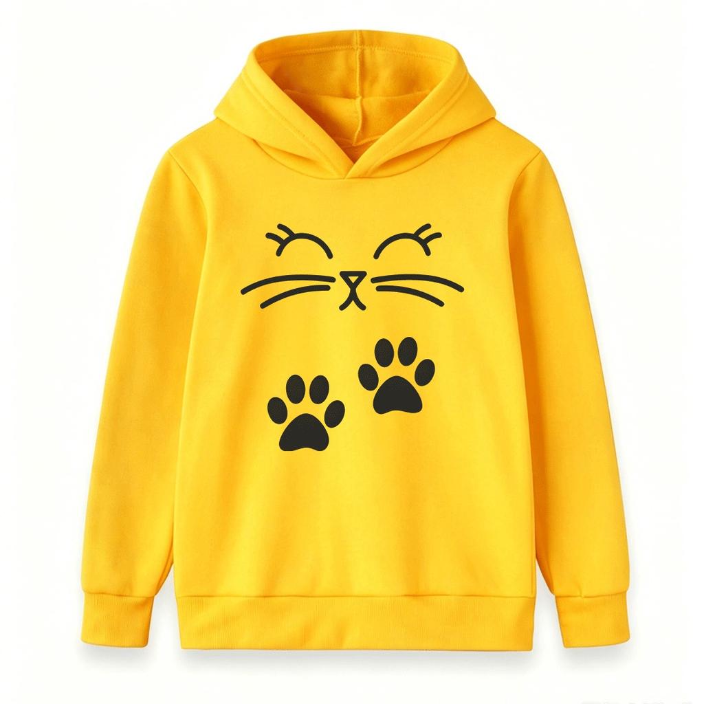 Kids Unisex Boys Girls Pullover Hoodie, Cute Cat Face Paw Print Sweatshirt, Casual Soft Long Sleeve Hooded Top for Daily Wear School Outdoor Activitie