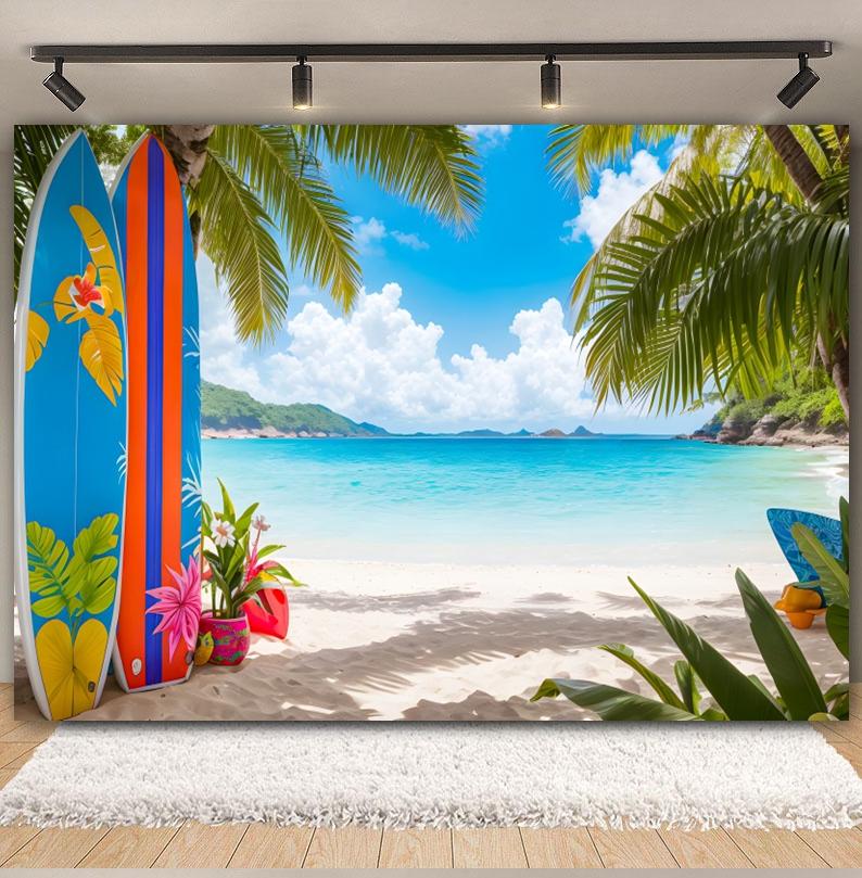 Hawaiian Summer Seaside Backdrop for Photography Tropical Beach Palm Tree Surfboard Baby Birthday Holiday Party Photo Background