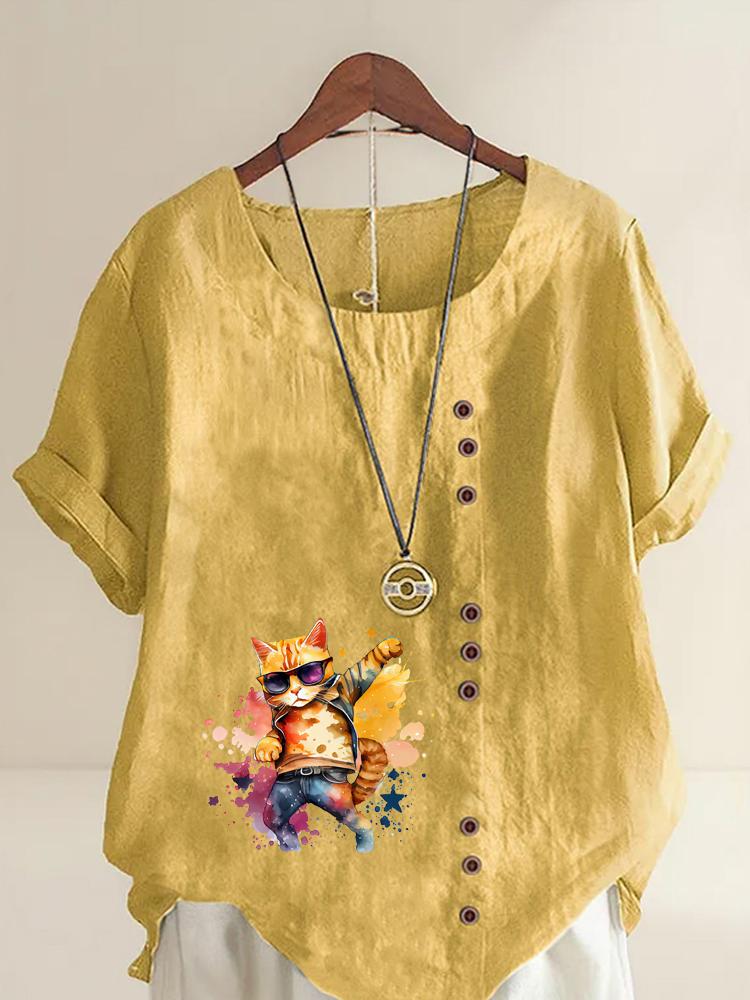 Women's Fashion Cool Cat Print Round Neck Short Sleeve T-shirt Casual Cotton Linen Graphic Shirt Leisure Loose Summer Blouse Tops