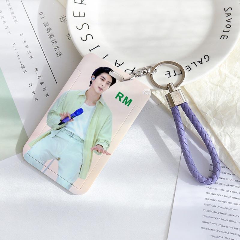 BTS Sliding Photocard Holder, Protective ID Badge Card Case with Braided Keychain Strap, Student Campus Bus Meal Card Protector Merch for ARMY