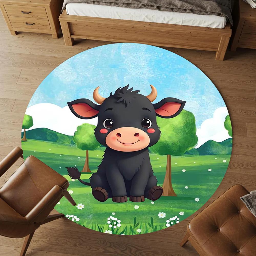 1pc Cow-Pastoral Scene Round Chair mat Area Rug - Non-Slip, Floor Mat for Office, Bedroom, home decor Christmas Gift p0811425
