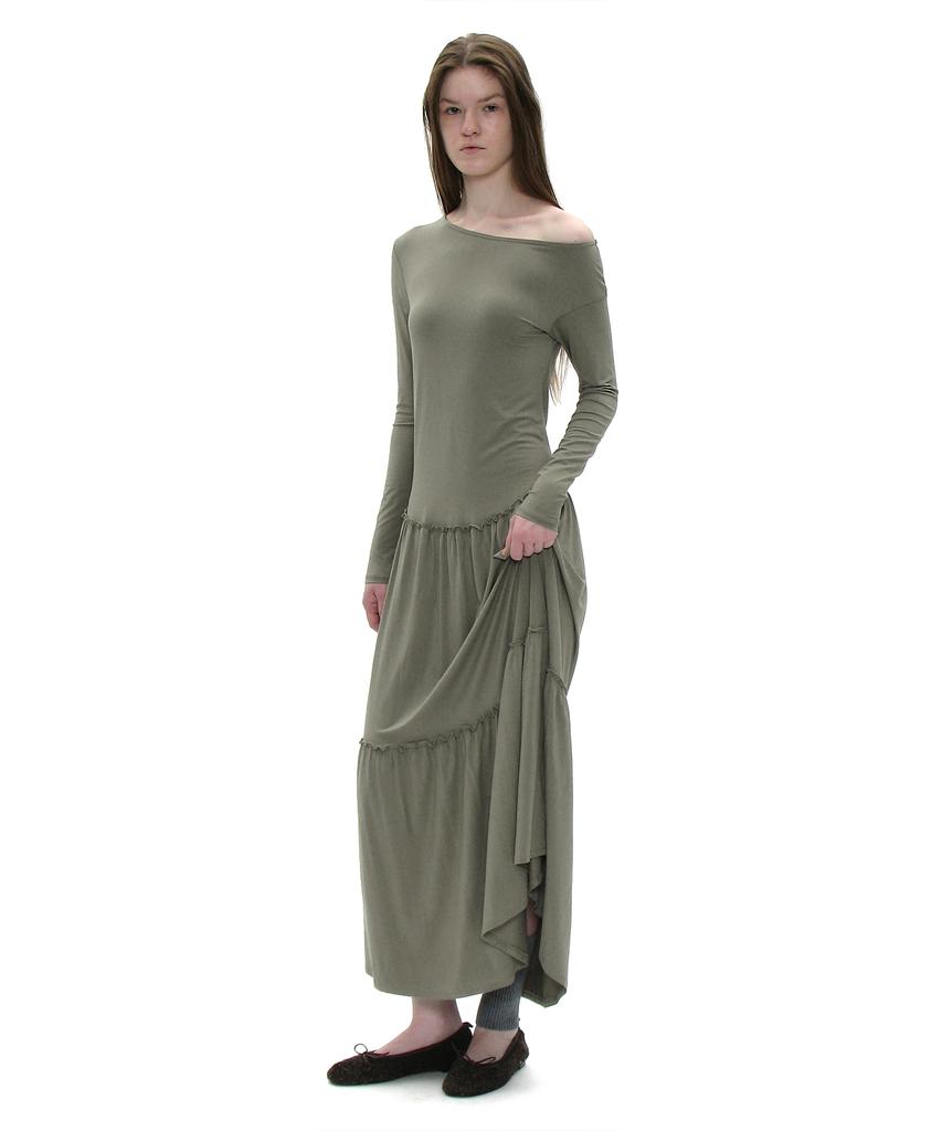 Partimento Woman Pwc Asymmetrical Jersey Shirred Tiered Dress_Light Khaki