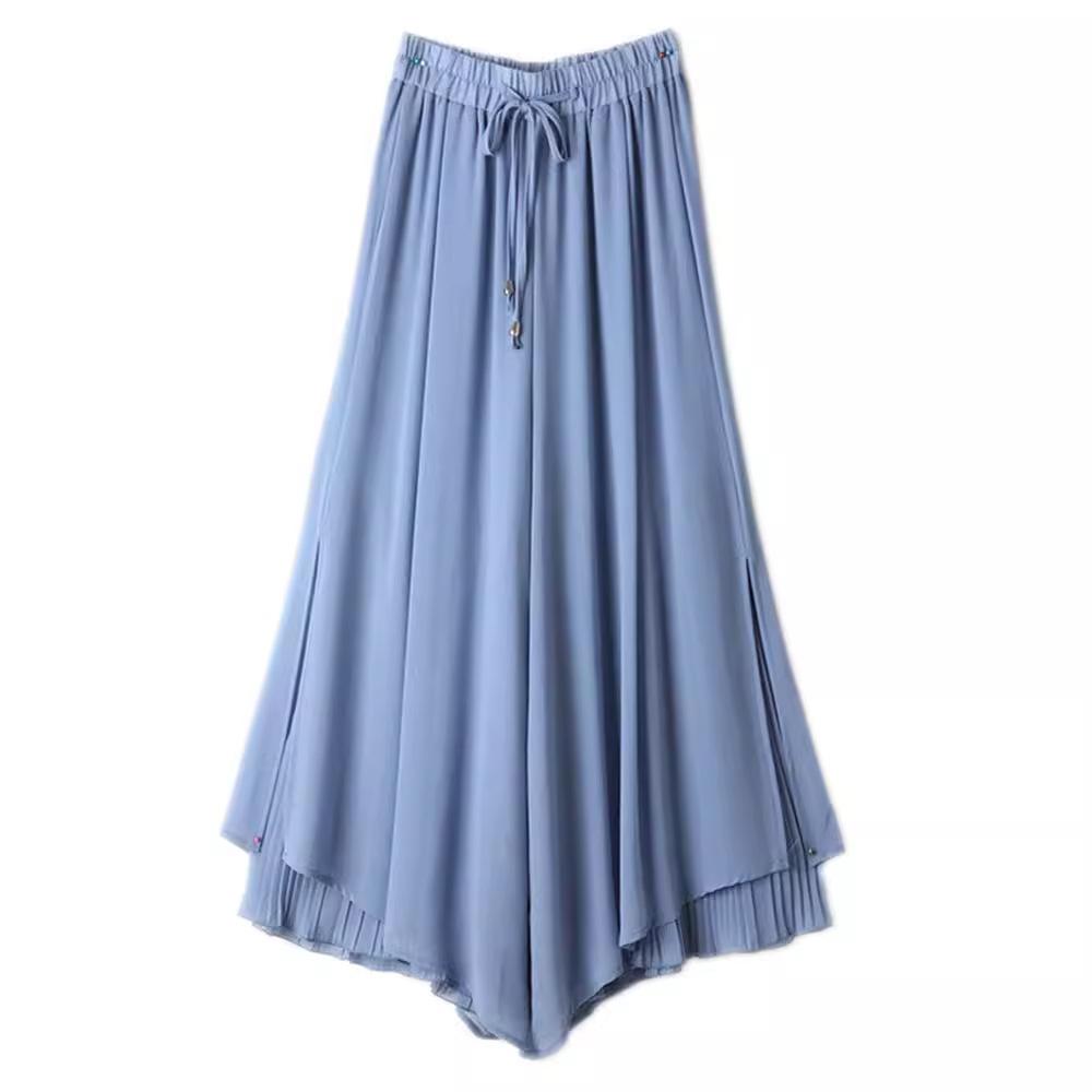 Culottes Elastisch Wijde Pijpen Onregelmatige Zoom Dubbele Laag Casual Losse Geplooide Broek