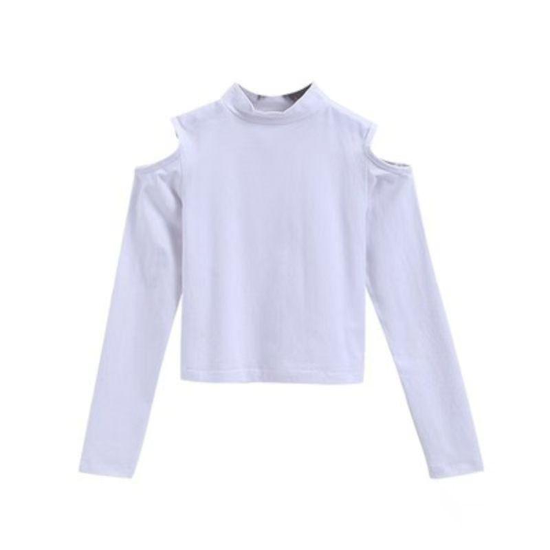 Women's Black Off-Shoulder Long Sleeve Crop Tops - Autumn/Winter High Collar Cotton Fashion T-Shirts
