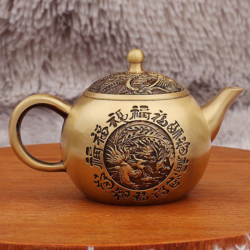 Brass Dragon & Phoenix Teapot Set: Chinese Tea Ceremony Decor & Metal Handicrafts