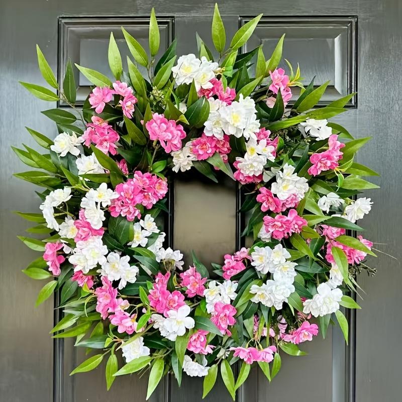 Bohemian Simulation Pink and White Flower Wreath with Branches and Leaves | Rural Farmhouse Style Plastic Flowers