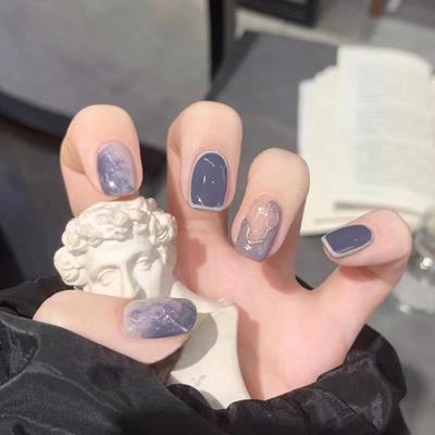 24 Pcs Winter Glacier Blue Gradual Change Smudge Wear Armor Simple Sweet Cool Ins Wind White Fake Nails