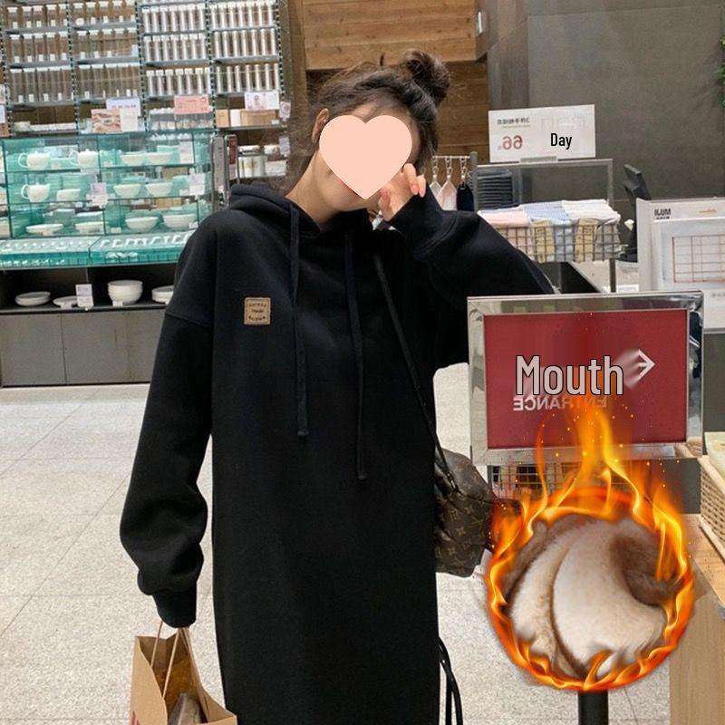 Imitation Lamb's Wool Autumn/Winter French Style Loose Hooded Dress