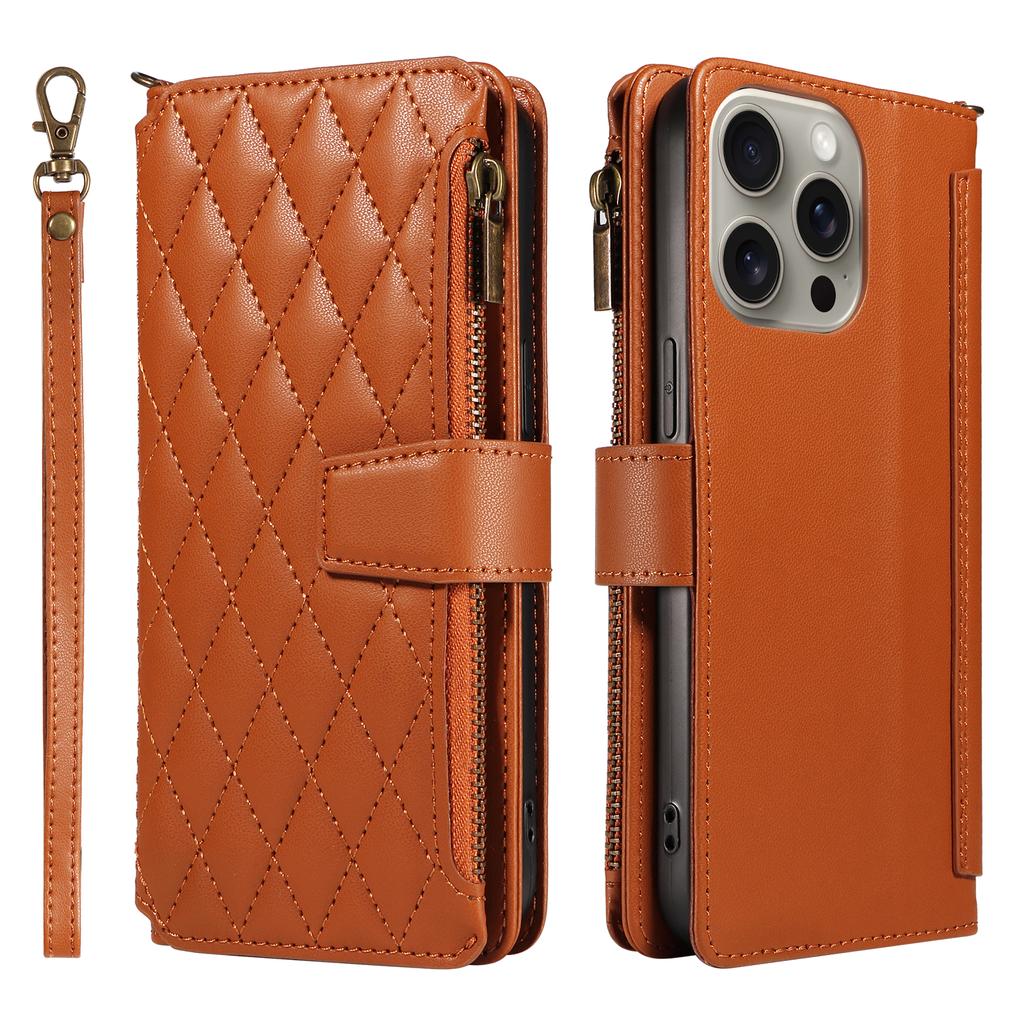 For iPhone 16 Pro Leather Case with Card Holder,RFID Blocking Wallet Phone Cover Rhombus Pattern