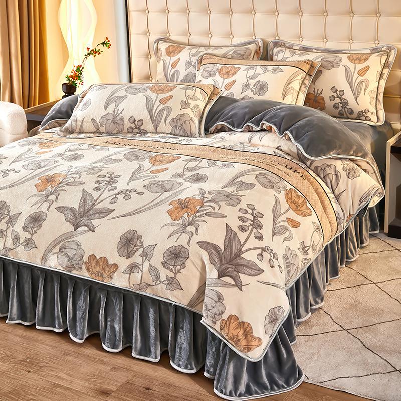 Thickened Milk Fleece Four-Piece Coral Fleece Quilt Cover, Bed Sheet Fleece Double-Sided Fleece Flannel Bedding, Bed Skirt