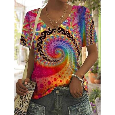 Sommer V-Ausschnitt 3D Buntes Wirbelmuster Unregelmäßig Bedrucktes Top Modische Lässige Kurzarm Damen T-Shirts