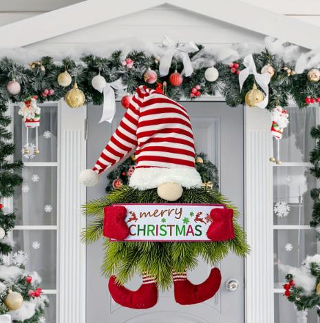 Christmas Gnome Wreath with Striped Hat - Door Hanging Holiday Decoration for Home