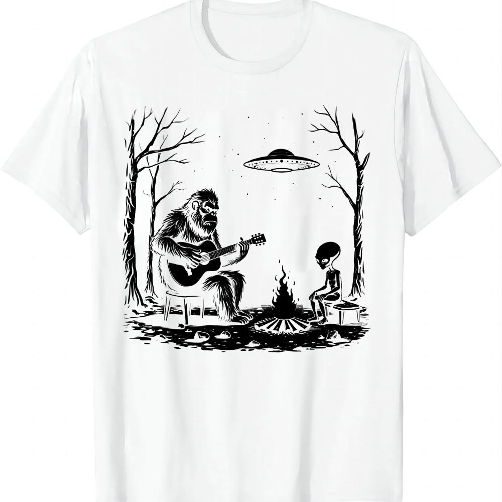 Bigfoot Guitar Tee Campfire Alien UFO Camping Sasquatch T-Shirt Funny Casual Graphic T Shirts Camiseta Streetwear Harajuku