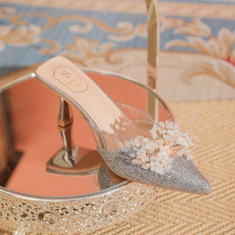 French sweet temperament bag head sandals women's 2025 spring and summer new pointed rhinestone bow comfortable high heels women's shoes