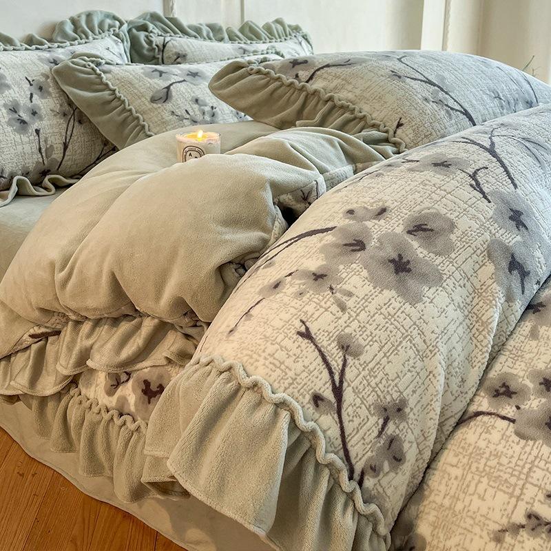 French Lace Thickened Milk Fleece Bed Four-Piece Set Double-Sided Fleece Quilt Cover Coral Fleece Princess Style Bed Sheet