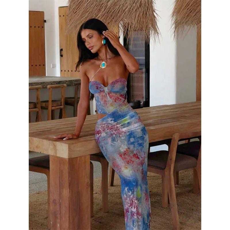 Xiaoke Wiwi European and American Temperament Retro Print Tube Top Dress Women Summer New Sexy Gyaru Sheath Long dress