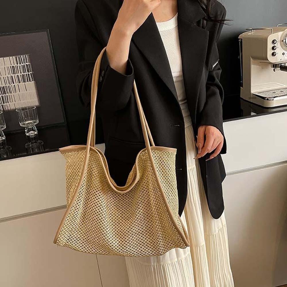 Large Capacity Beach Hollow Composite Tote Lightweight Leather Small Pouch Straw Woven Shoulder Bag Solid Color Polyester