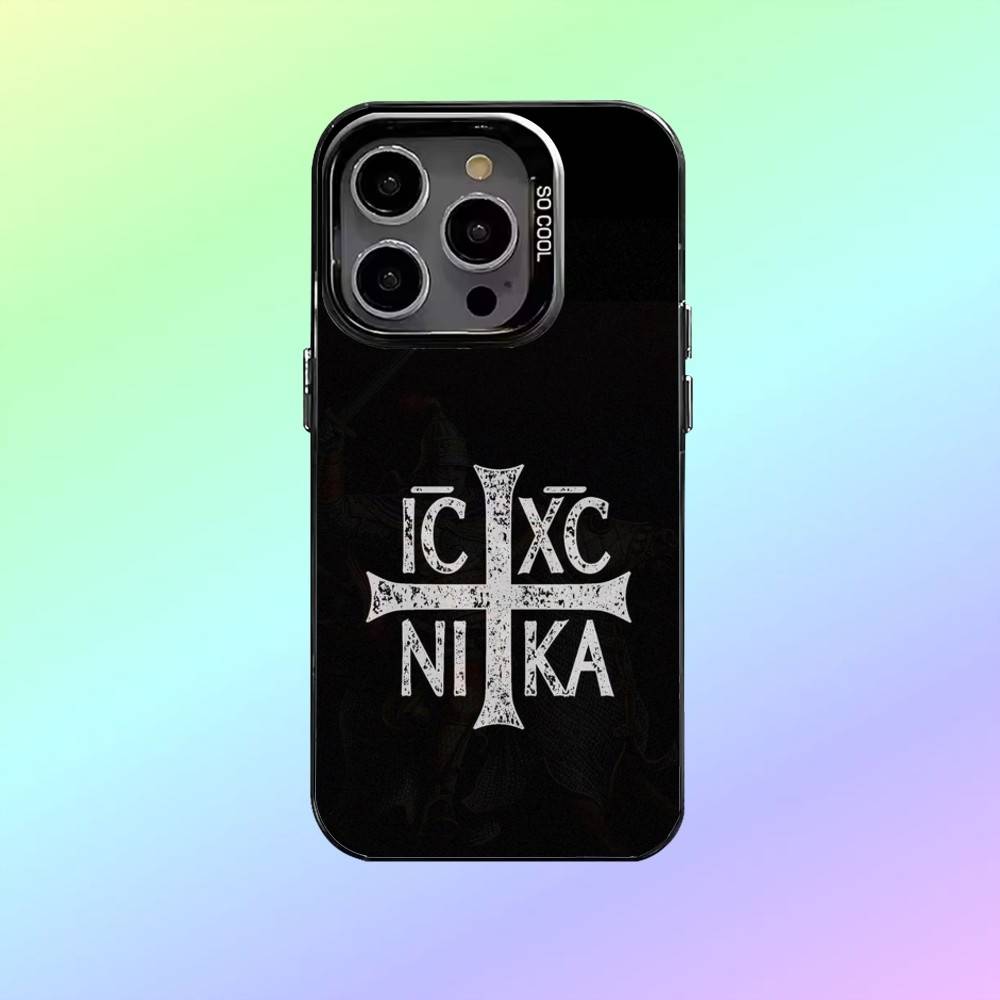 O-Orthodox Cross Icon Phone Case For iPhone17,16,15,14,13,12,11 Lens Border Silver Plated Cover Candy Matte Cover
