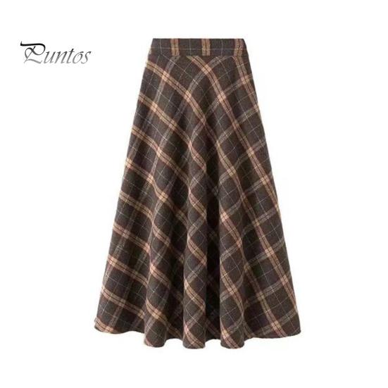 Sukňa so vzorom tartanu Jeseň Zima Dámska Vysoký Elastický Pás Farebné Zladenie Šachovnicového Vzoru A-line Retro Stredná Dĺžka Veľký Rozkolísaný Hrubá Teplá Mäkká Sťahovacia Stredná Časť Lítka
