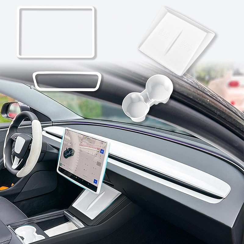 4PCS Center Console Wireless Charger Mat Silicone For 2025 Tesla New Model Y Juniper Cup Holder Ert, Screen Edge Protector Frame, Rear View Mirror