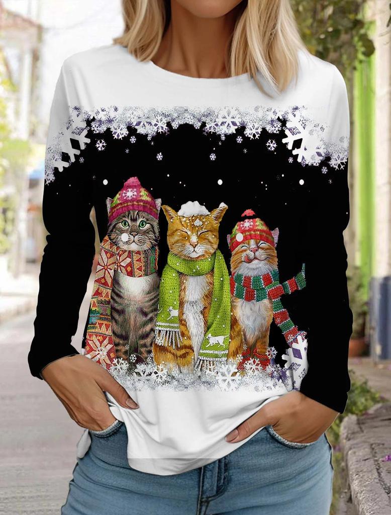 Large-sized Funny Women Christmas Cat Pattern T-Shirts Autumn Long Sleeve Christmas Snowflakes 3D Printed Street Ladies Clothing Casual Tops