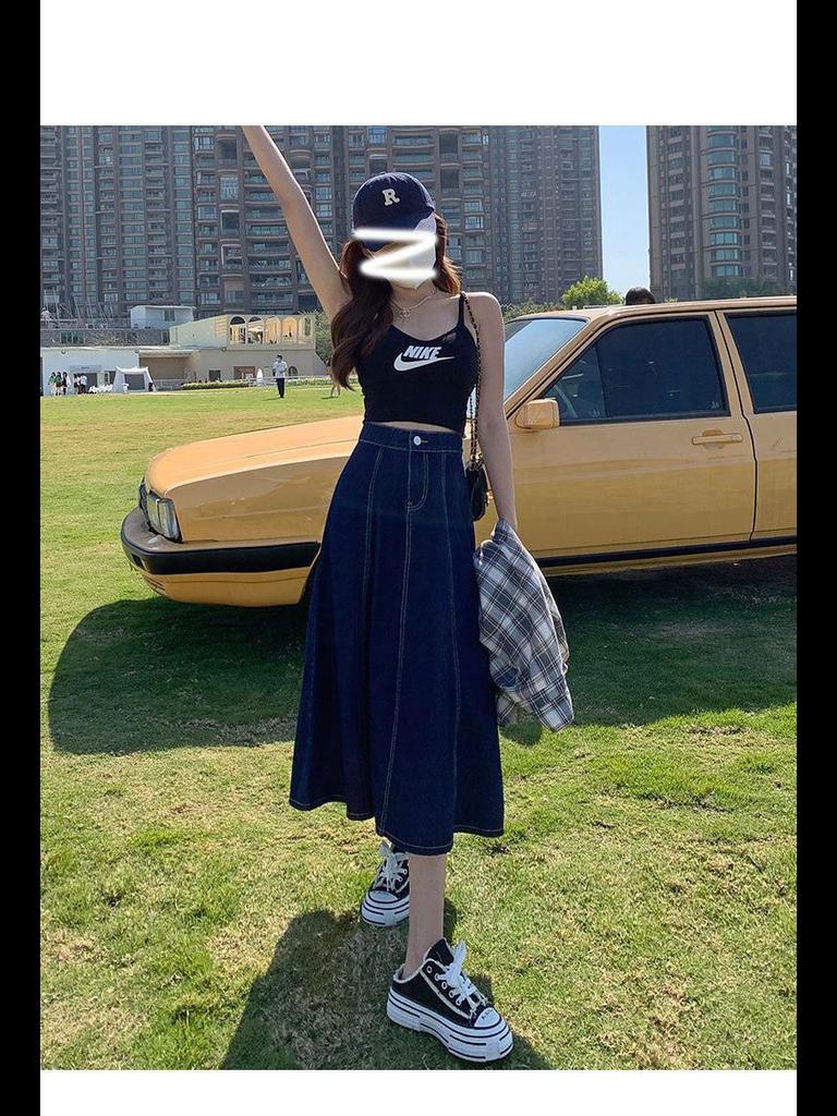 Plus Size Women's High-Waist A-Line Denim Skirt - Long, Slim, Fishtail Design for Summer and Autumn