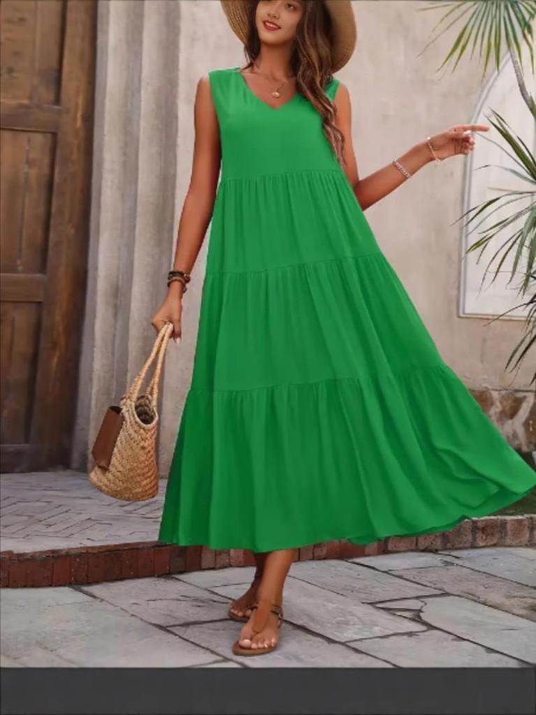 2026 European & American Elegant V-neck Layered Hem Solid Color Holiday Dress