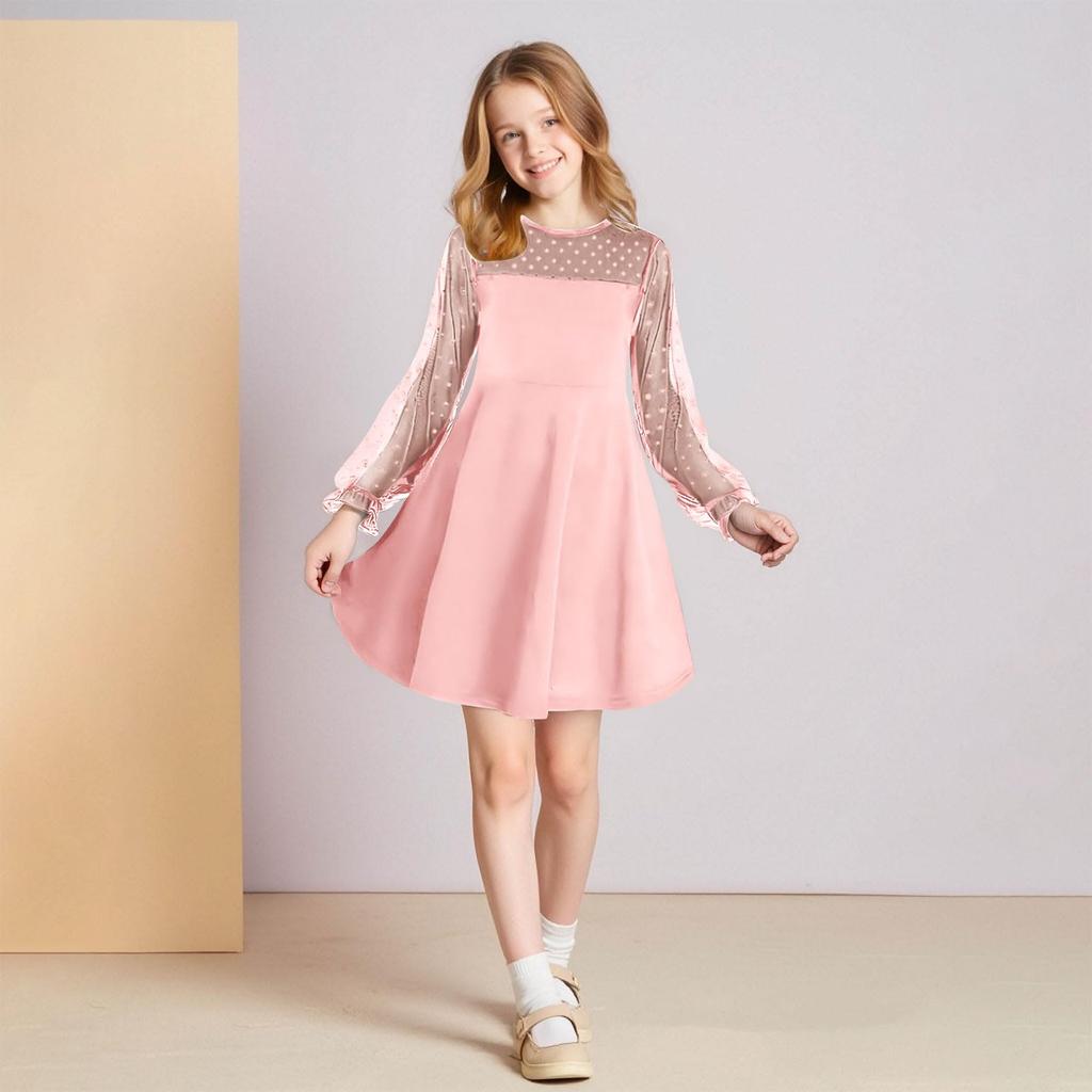 CUHK Mädchen Spitze Langarm Farbe Niedliches Prinzessinnenkleid