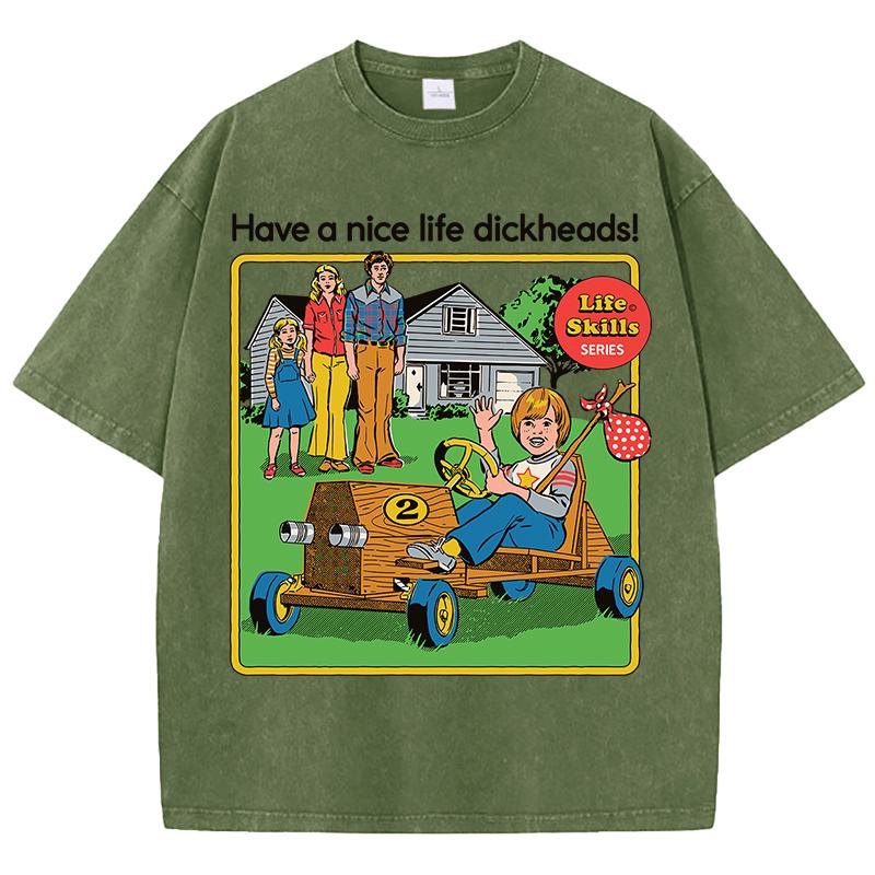 Life Skills Series Printing Washed Tee Shirt Mans Summer Crewneck   Clothes Soft Cotton Short Sleeve Casual T-Shirts