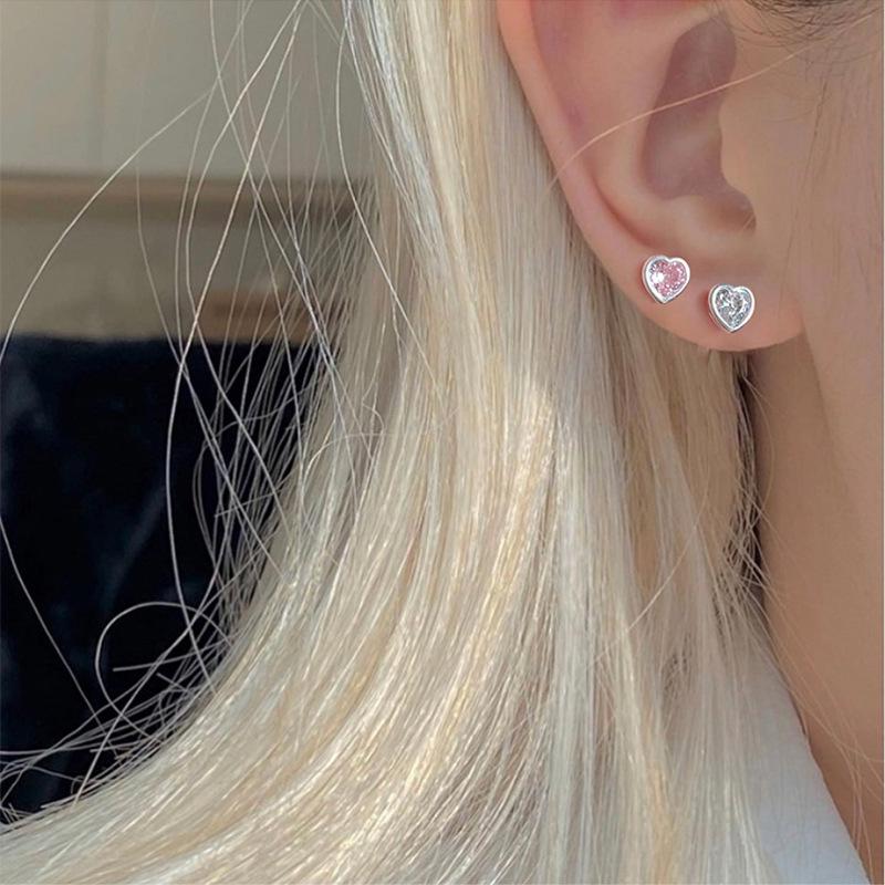 Heart-Shaped Zirconia Stud Earrings for Women - Cool, Simple Design for Ear Cartilage and Cochlea with Screw Back, Trendy and Niche.