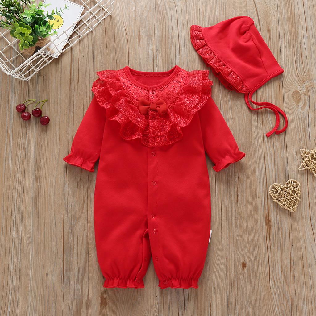 Newborn Infant Baby Girls Solid Ruffles Lace Romper Jumpsuit+Hat Outfits Sets