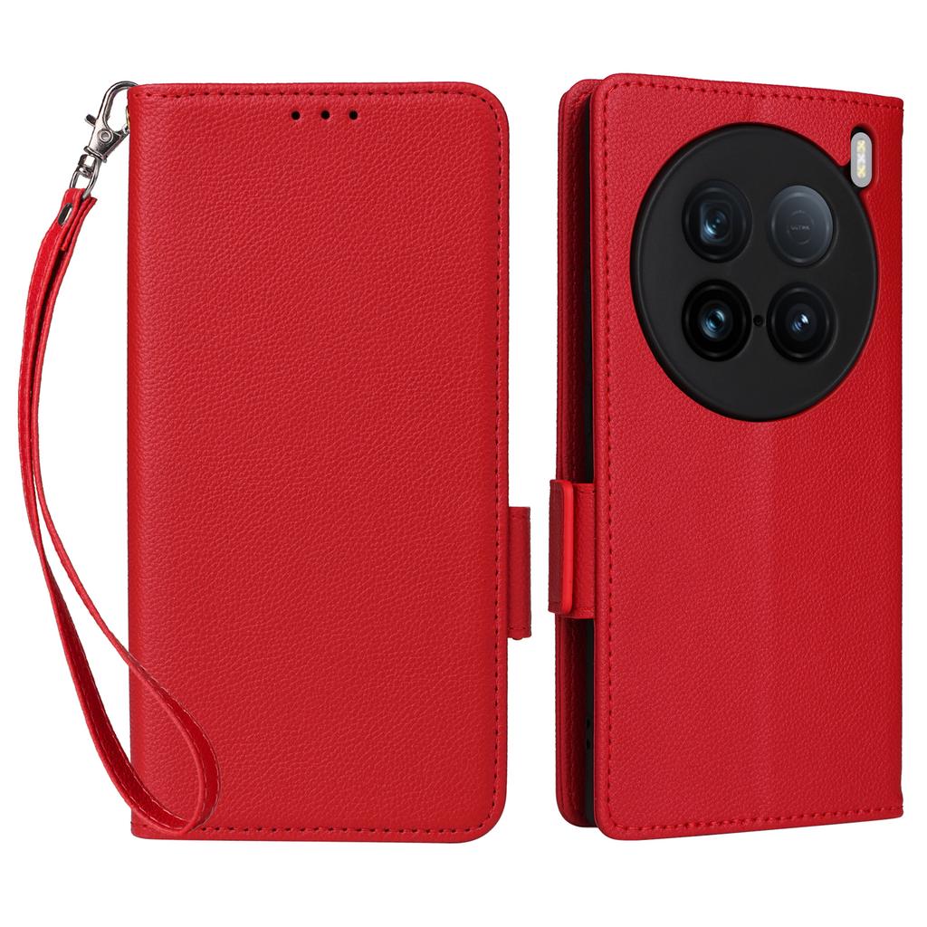 For vivo X100 Ultra 5G Case with Wrist Strap Litchi Texture PU Leather Wallet Phone Cover
