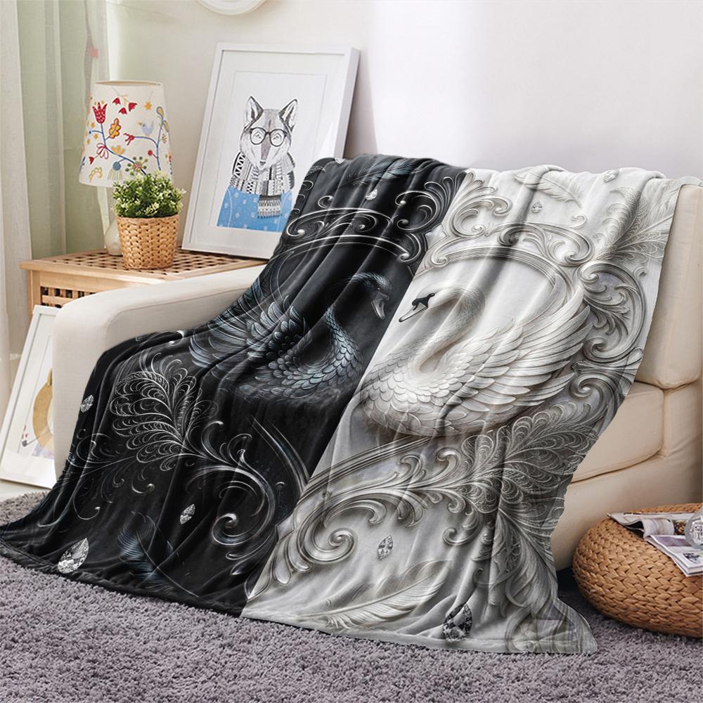 1Pc Black&White Swan Print Flannel Blanket, High quality Comfortable for All Seasons, Home Decor, Warmth and Comfort, Perfect for Christmas Gifts W33