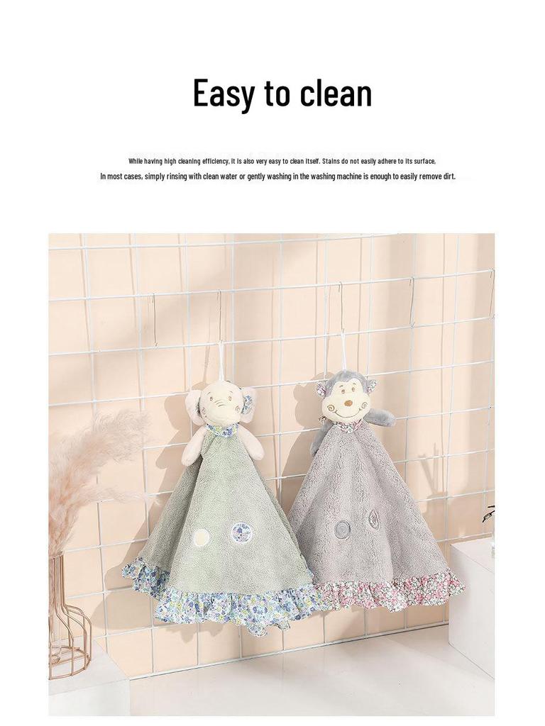 Cute Cartoon Animal Coral Fleece Children's Hanging Hand Towel - Thickened and Absorbent
