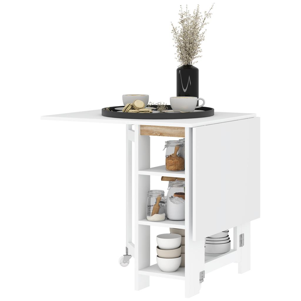 Kitchen table folding removable dining table 3 shelves 2 drop leaves modern design 120 x 60 x 75 cm white