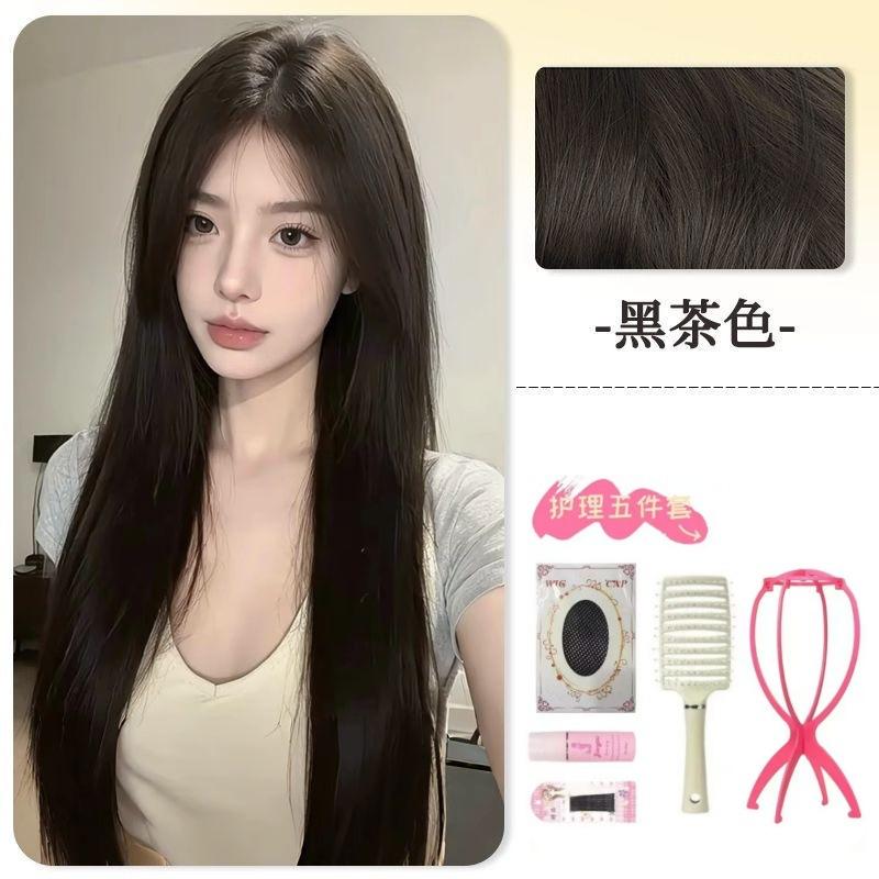 Forehead lace medium point eight-character bangs wig women's full head cover Muse black long straight simulation natural age reduction wig