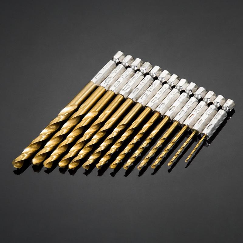 13-teiliges HSS-Bohrer-Set mit Sechskant- und Zylinderschaft, titanbeschichtet, für Holz- und Metallbohrungen