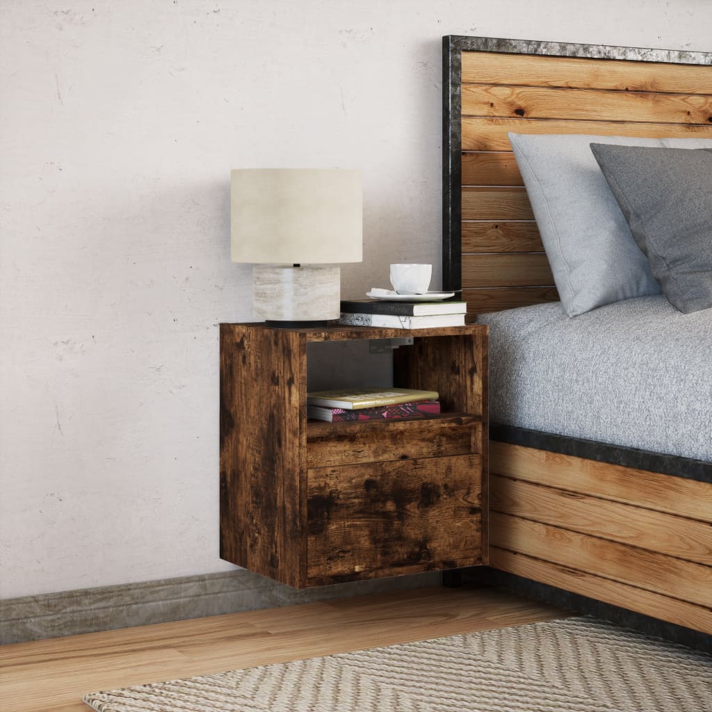 Wall Mounted Nightstand with LED Lights Smoked Oak