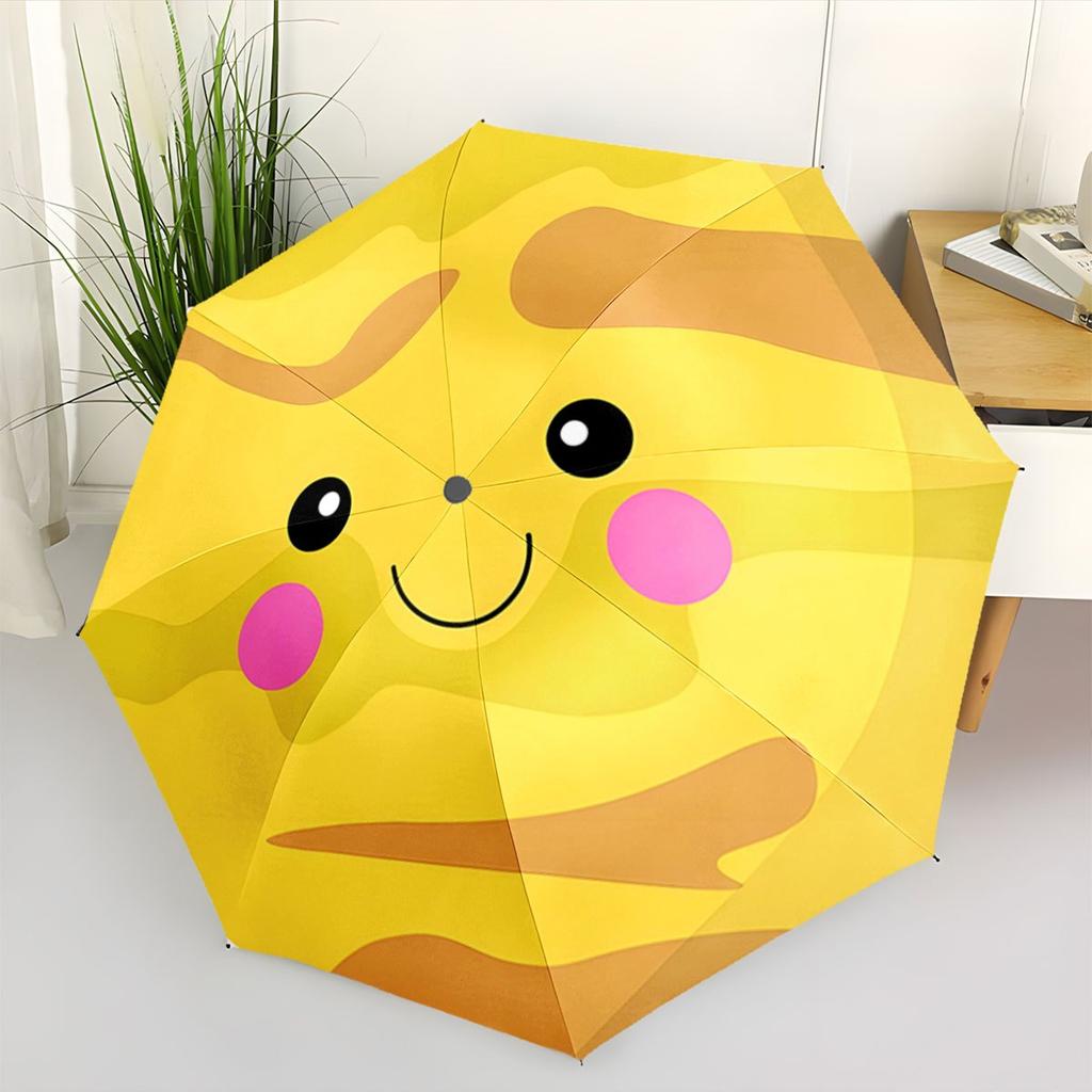 Automatic Folding Umbrella with Smiling Yellow Face & Pink Cheeks - Cute Joyful Design, 8-Rib Compact Portable Collapsible Umb