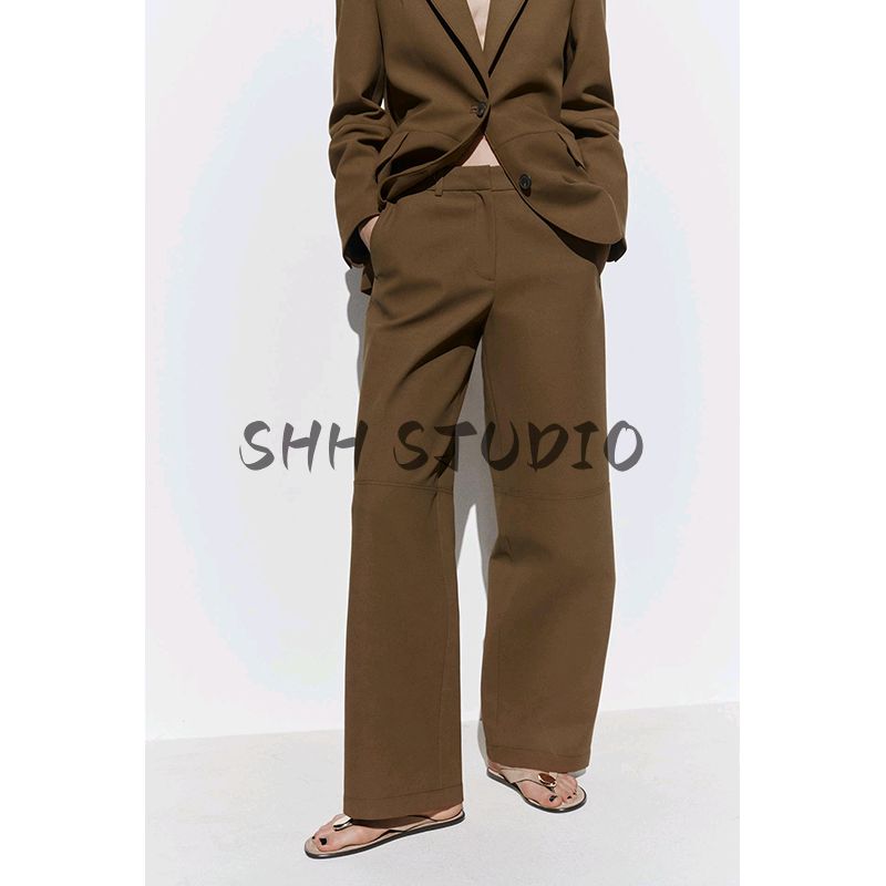 Suit with Padded Shoulder Straight-leg Long Sleeves Lapel Outwear 2518907 Loose Mid Waist Straight-Leg Trousers 2520907