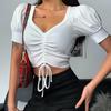 Sexy V Neck Drawstring Ruched Crop Top Short Sleeve Ribbed Summer Top